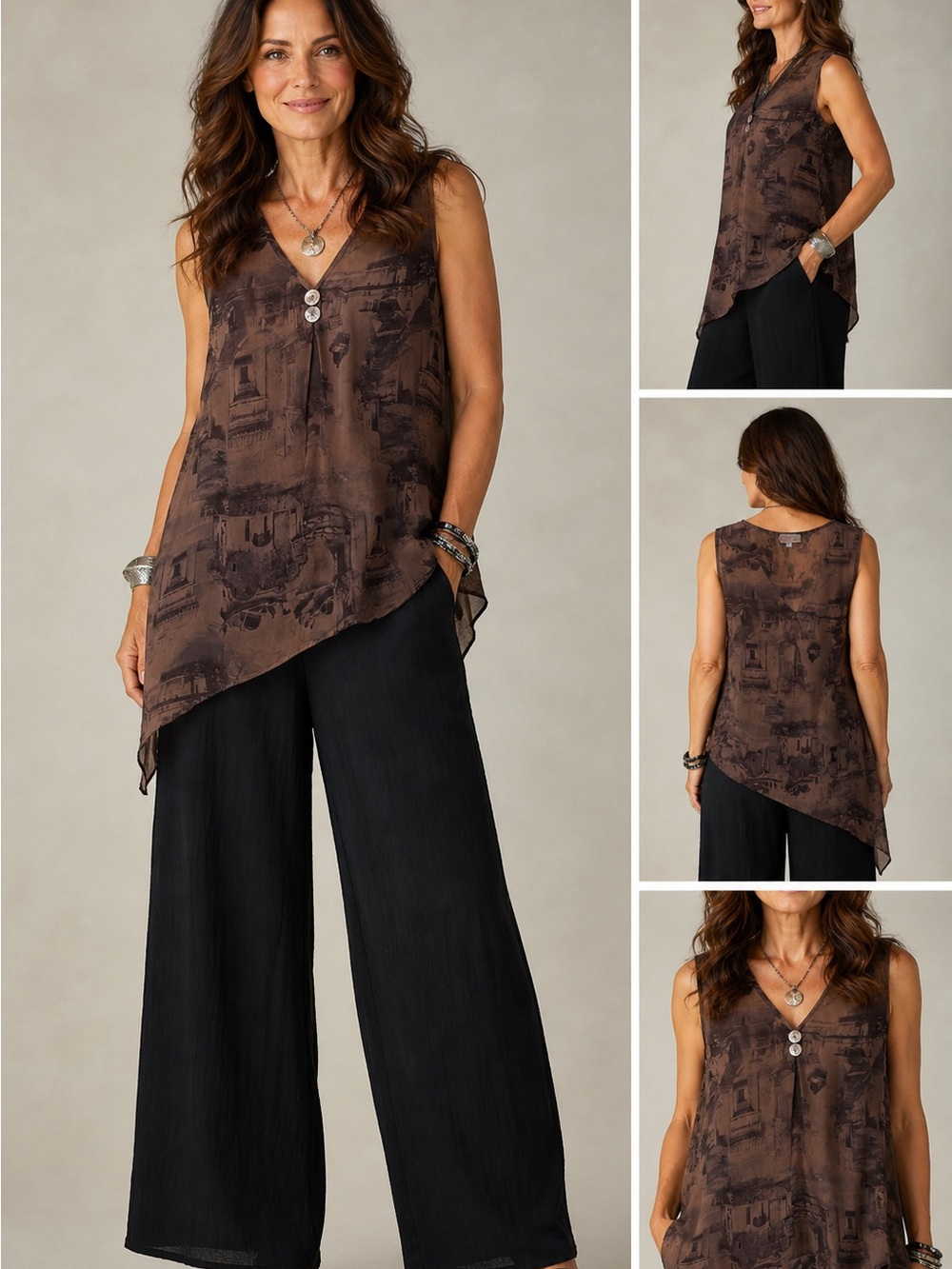 Pretty Angel Brown Sleeveless Asymmetric V-Neck‎ Blouse
